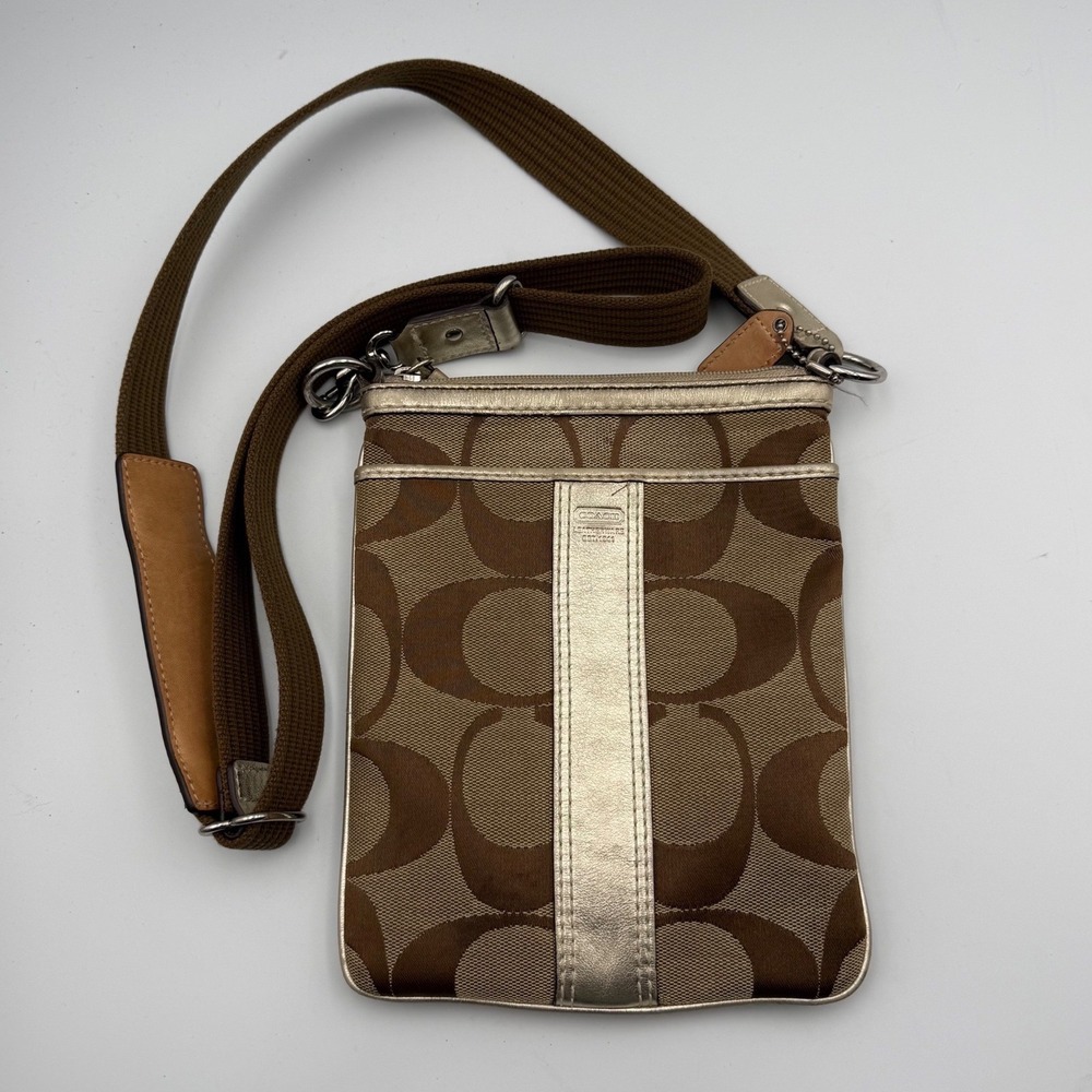 Coach Signature Brown Gold Metallic Leather Trim Crossbody Bag 4688